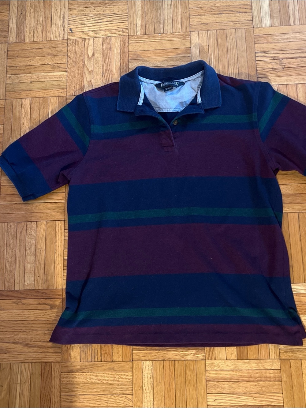 Lands' End Burgundy, Navy & Green Striped Rugby Polo